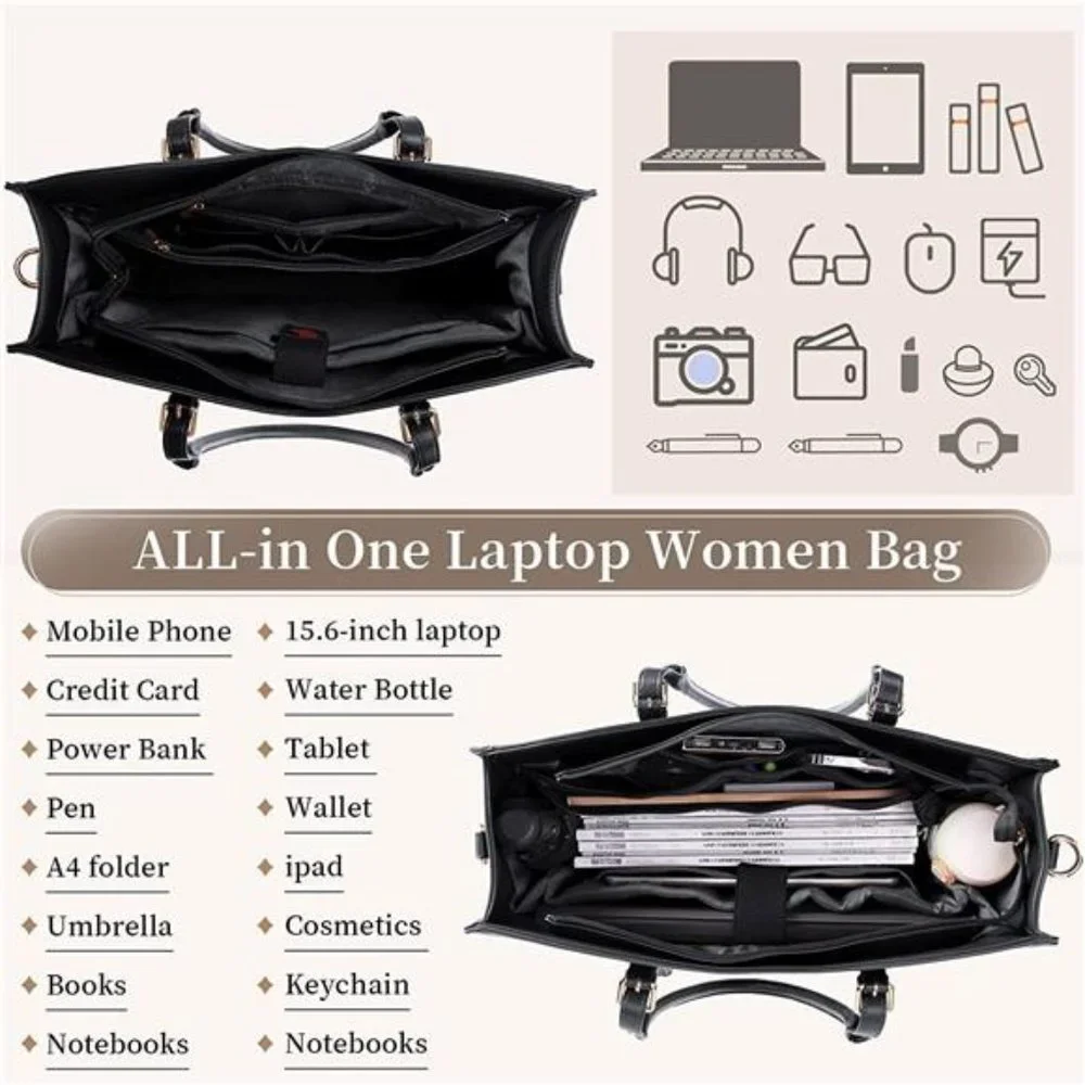 Women's Laptop Bag Waterproof Tote Bag, Black, 15.6 inch